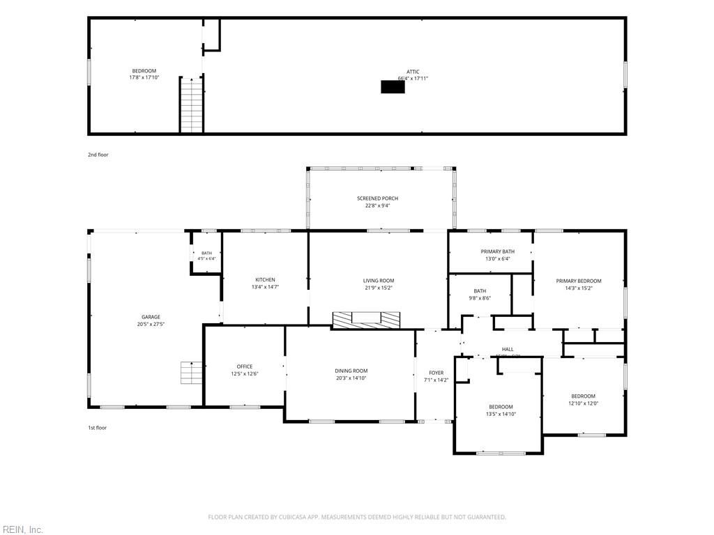 Published CubiCasa floor plan showing the main floor and upper bedroom with attic